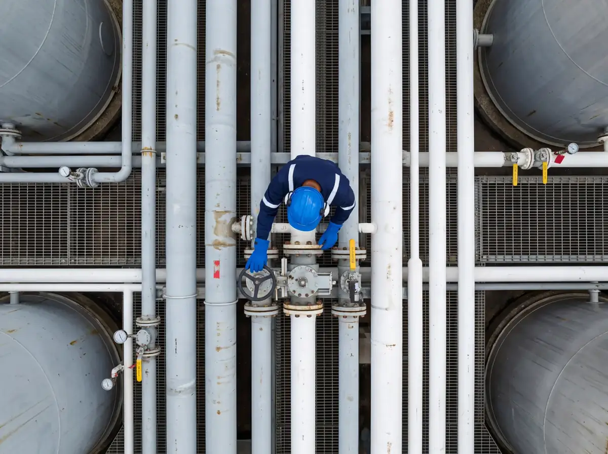 Planta industrial vista de dentro, com estruturas metálicas e equipamentos da linha de produção