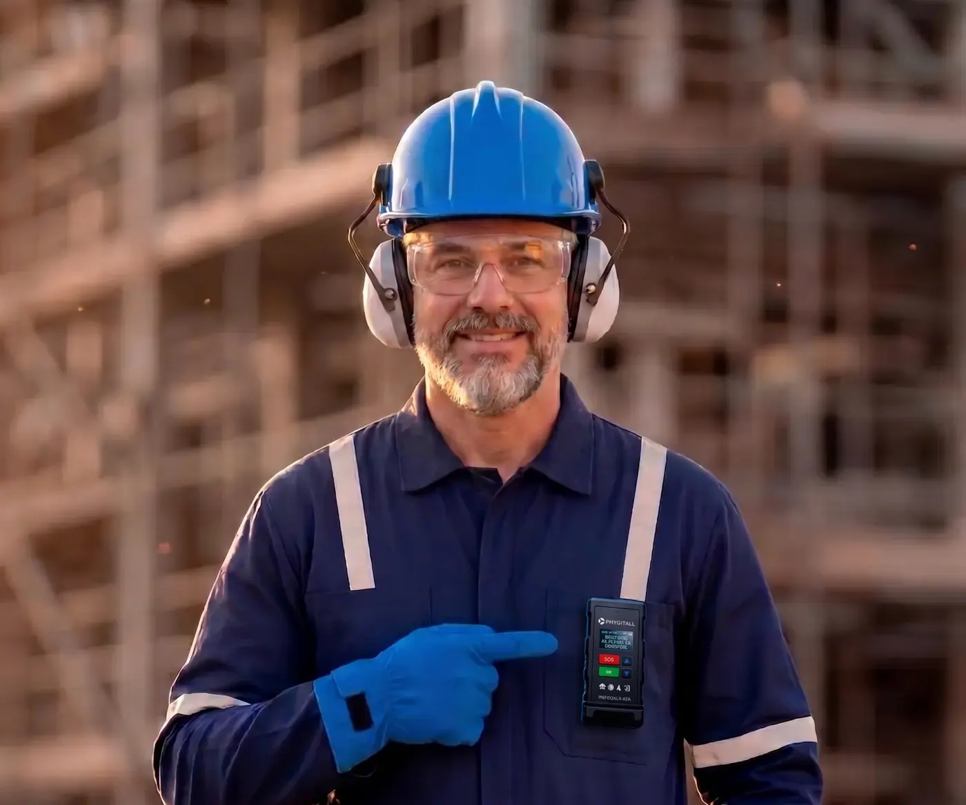 Trabalhador de campo apontando o Smartbadge preso ao uniforme, em planta industrial